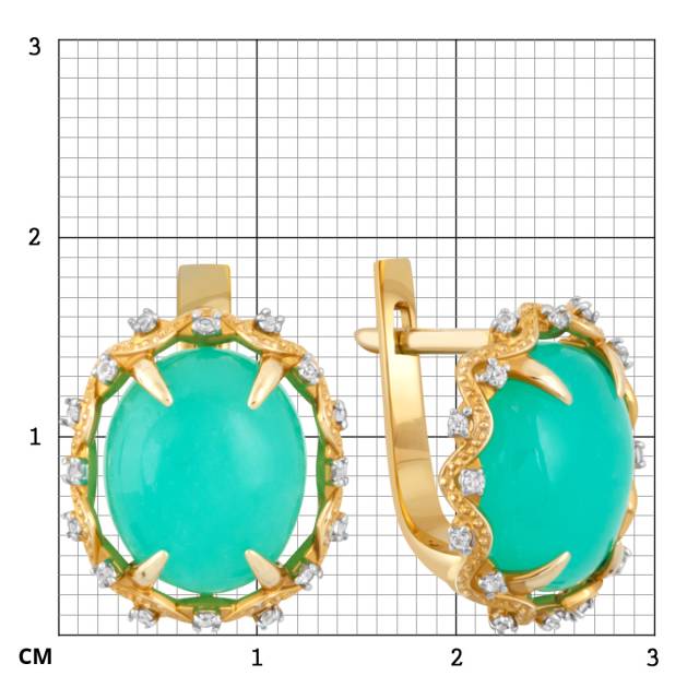 Серьги из жёлтого золота с зелёным опалом и бесцветными сапфирами (043434)