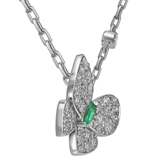 Колье из белого золота с бриллиантами и изумрудом "Бабочки" (055527)