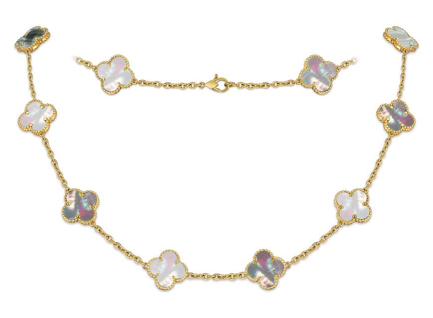 Колье двухстороннее из жёлтого золота с чёрнм и белым перламутром, 9 цветков (057755)