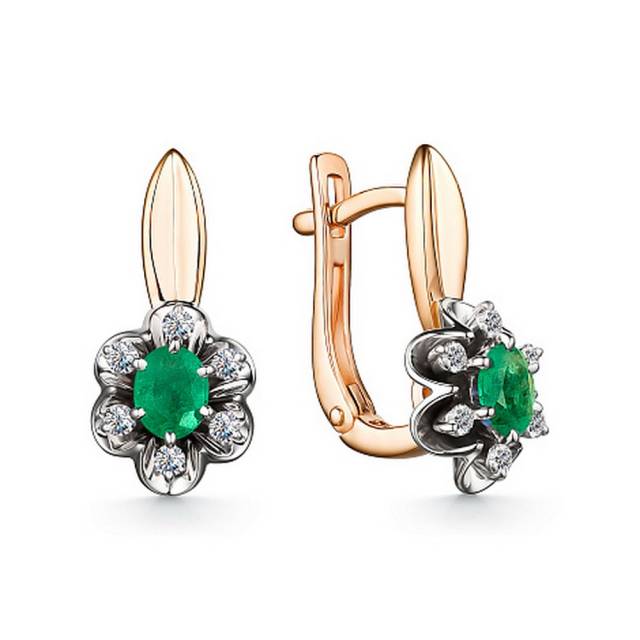 Серьги из красного золота с бриллиантами и изумрудами (049928)