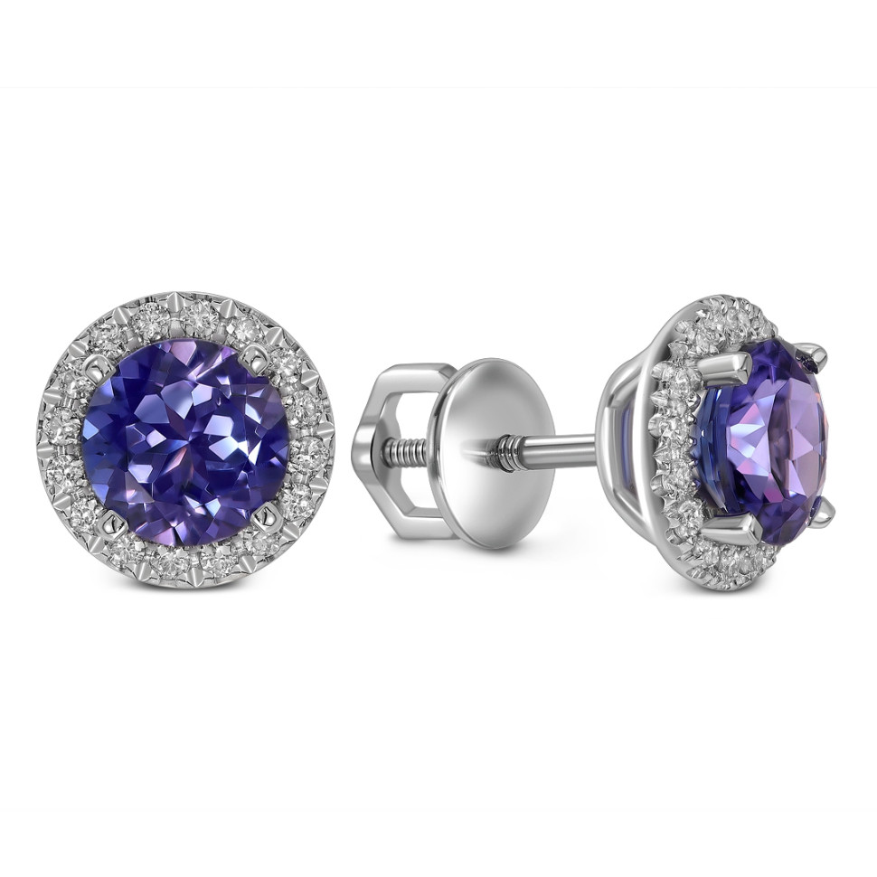 Серьги пусеты из белого золота с бриллиантами и танзанитами (060612)