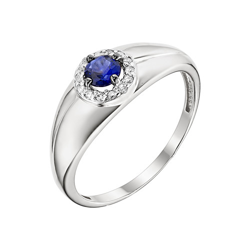 Кольцо из белого золота с гидротермальным сапфиром и фианитами (039977)
