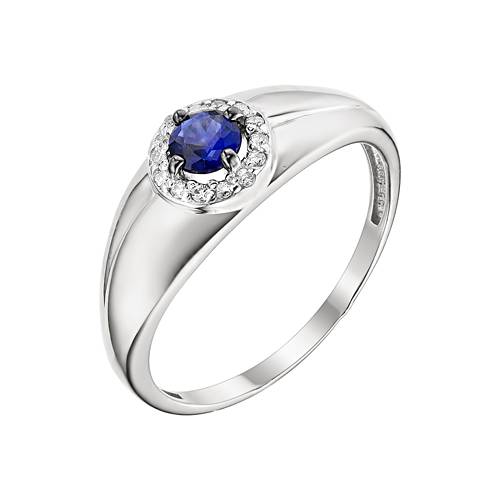 Кольцо из белого золота с гидротермальным сапфиром и фианитами (039977)