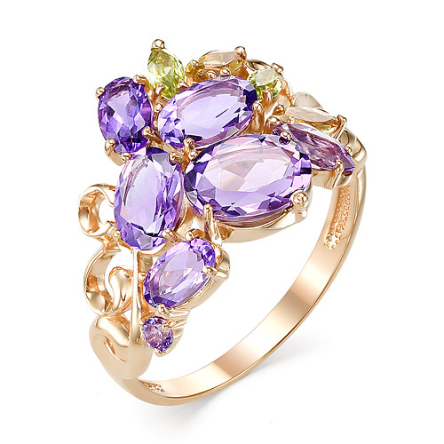 Кольцо из красного золота с аметистами, султанитами и хризолитами (040262)