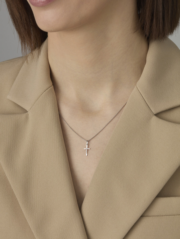 Кулон крест из белого золота с бриллиантом (039522)