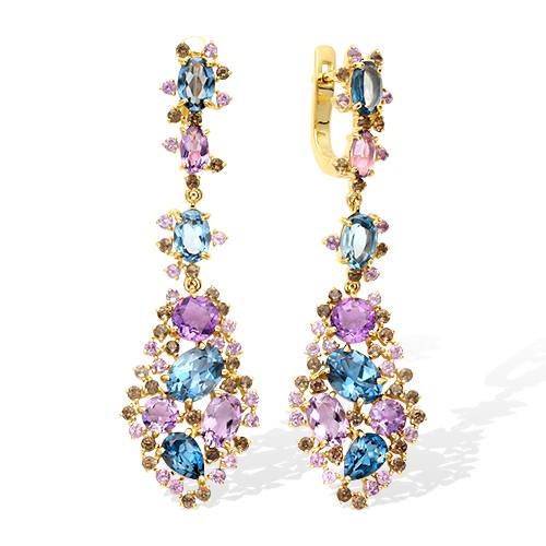 Серьги из жёлтого золота с топазами, аметистами и раухтопазами (041237)