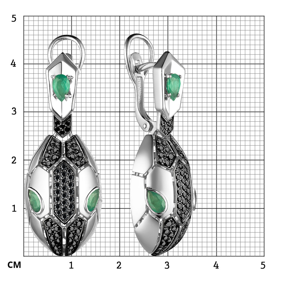 Серьги из белого золота с чёрными бриллиантами и изумрудами (055211)