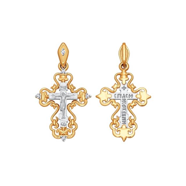 Кулон крест из комбинированного золота с бриллиантами (025065)