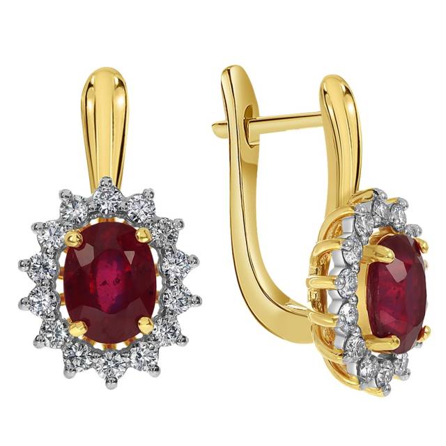 Серьги из жёлтого золота с бриллиантами и рубинами (060332)