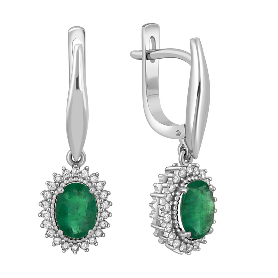Серьги из белого золота с бриллиантами и изумрудами (043109)