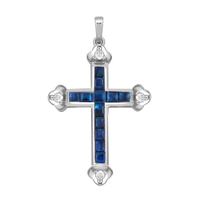 Кулон крест из белого золота с бриллиантами и сапфирами (045878)