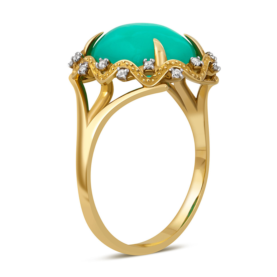 Кольцо из жёлтого золота с зелёным опалом и бесцветными сапфирами (043433)