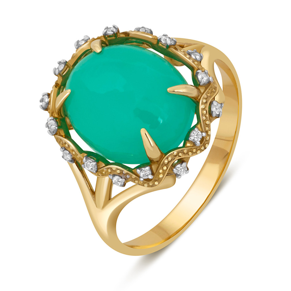 Кольцо из жёлтого золота с зелёным опалом и бесцветными сапфирами (043433)