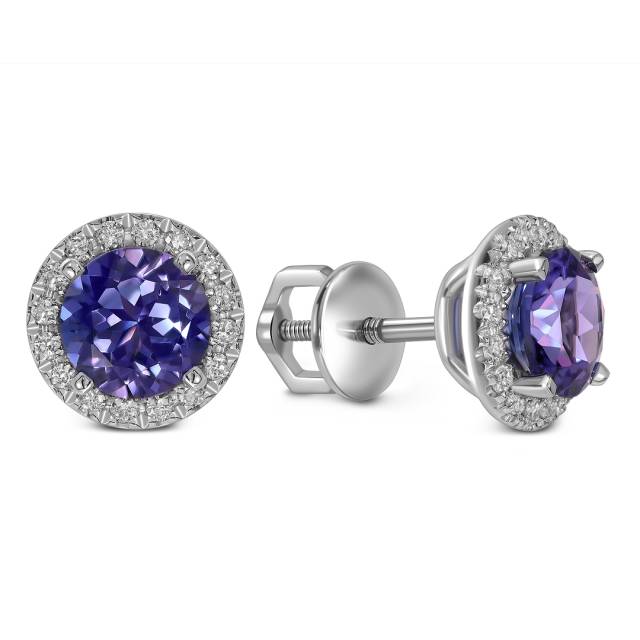 Серьги пусеты из белого золота с бриллиантами и танзанитами (060613)