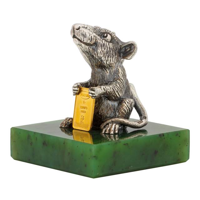 Сувенир Символ года Крыса из серебра со слитком из золота 999 пробы на подставке из нефрита (032043)