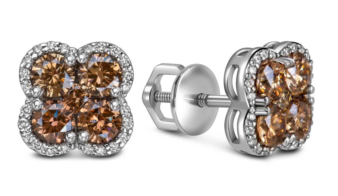 Серьги пусеты из белого золота с коньячными бриллиантами (060548)