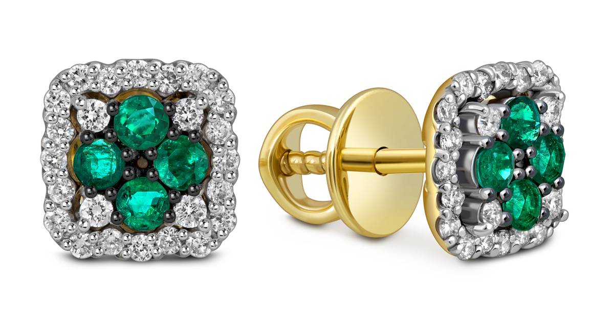 Серьги пусеты из жёлого золота с бриллиантами и изумрудами (058787)