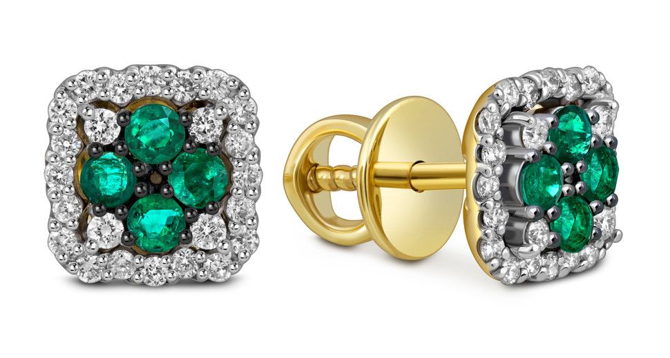 Серьги пусеты из жёлого золота с бриллиантами и изумрудами (058787)
