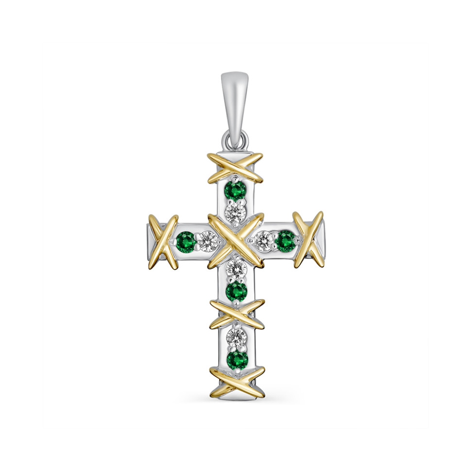 Кулон крест из белого золота с бриллиантами и изумрудами (058410)