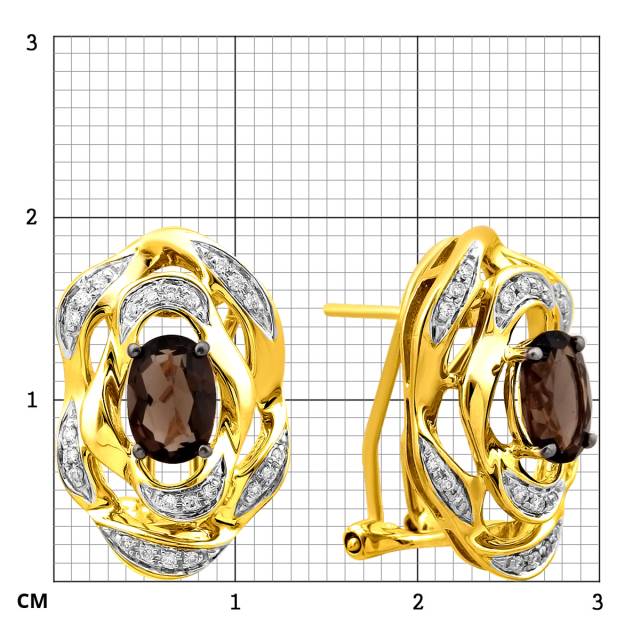 Серьги из жёлтого золота с бриллиантами и дымчатыми кварцами (025930)