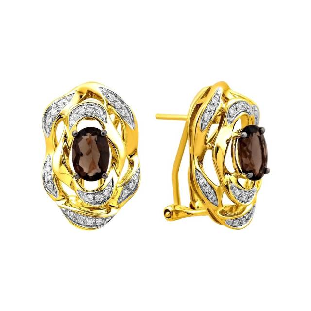 Серьги из жёлтого золота с бриллиантами и дымчатыми кварцами (025930)