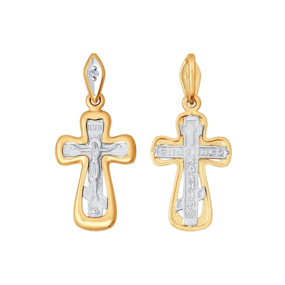 Кулон крест из комбинированного золота с бриллиантом (025149)