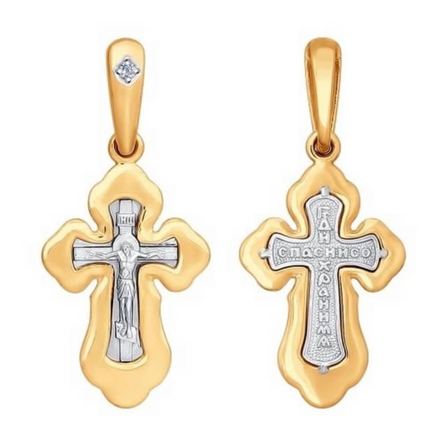 Кулон крест из комбинированного золота с бриллиантом (025068)