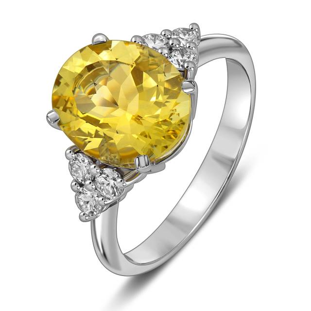 Кольцо из белого золота с бриллиантами и жёлтым бериллом (063448)
