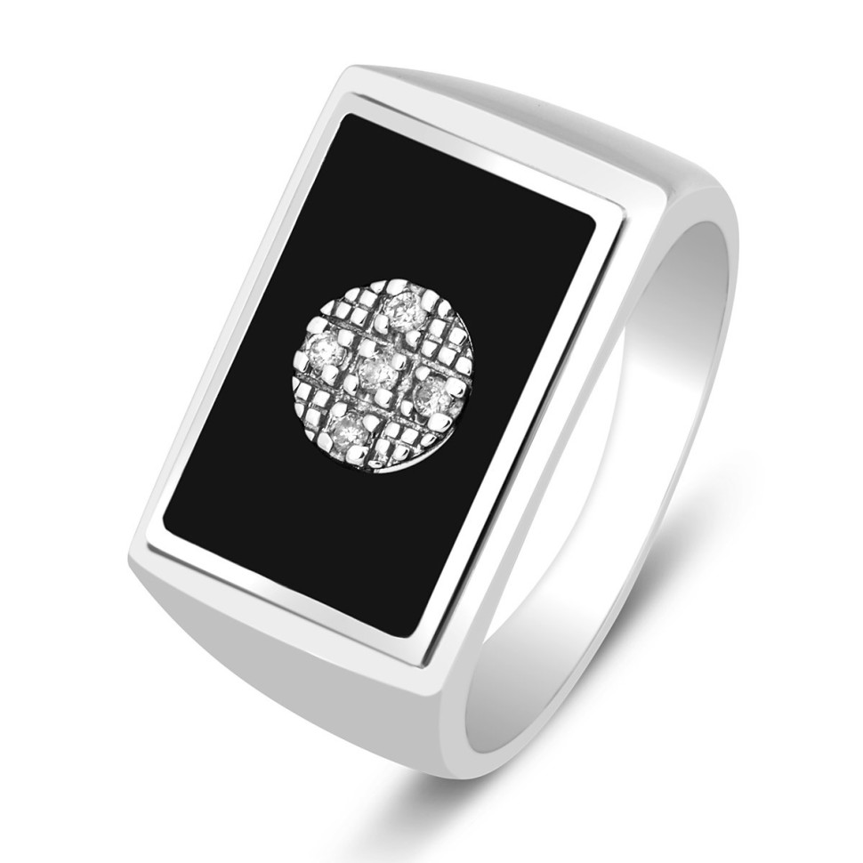 Кольцо мужское из белого золота с бриллиантами и ониксом (023037)