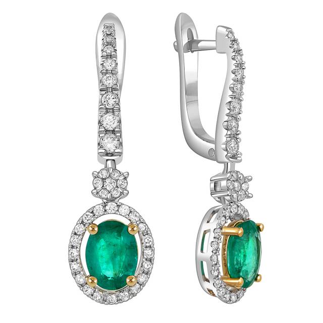 Серьги из белого золота с бриллиантами и изумрудами (049506)