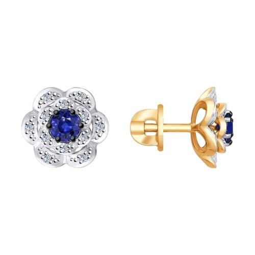 Серьги пусеты из комбинированного золота с бриллиантами и сапфирами (038405)