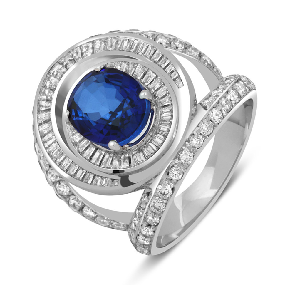 Кольцо из белого золота 750 пробы с бриллиантами и сапфиром (046828)