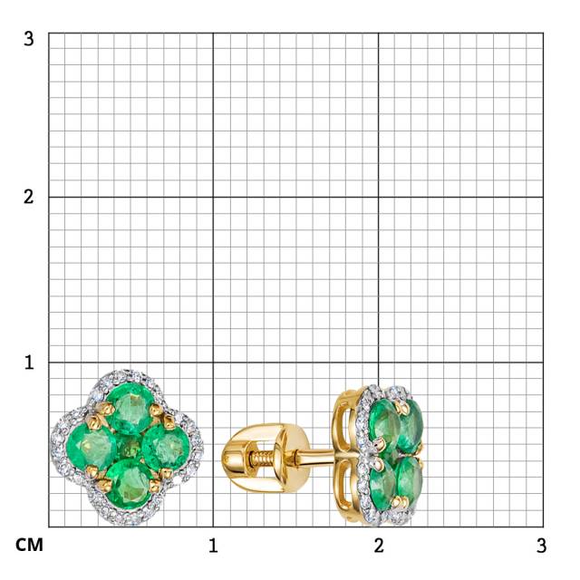 Серьги пусеты из жёлтого золота с бриллиантами и изумрудами (055240)
