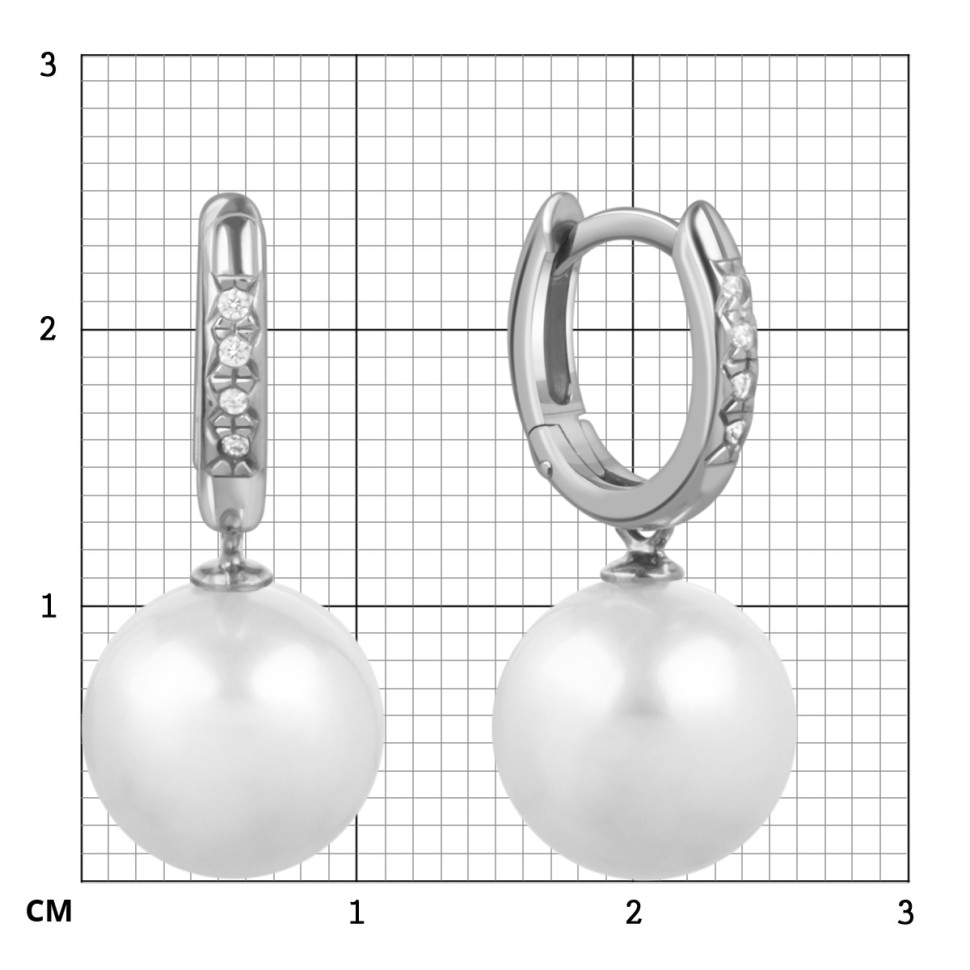 Серьги из белого золота с фианитами и жёмчугом (057920)
