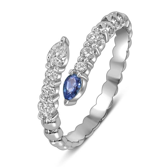 Кольцо из белого золота с бриллиантами и голубым сапфиром (059166)