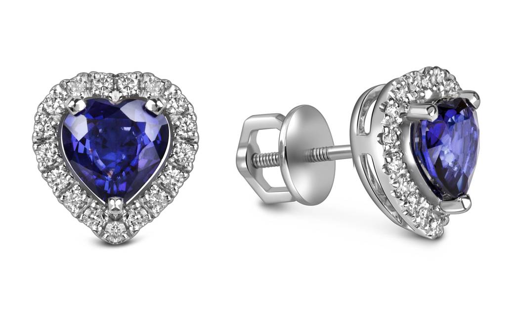 Серьги пусеты из белого золота с бриллиантами и танзанитами "Сердце" (063640)