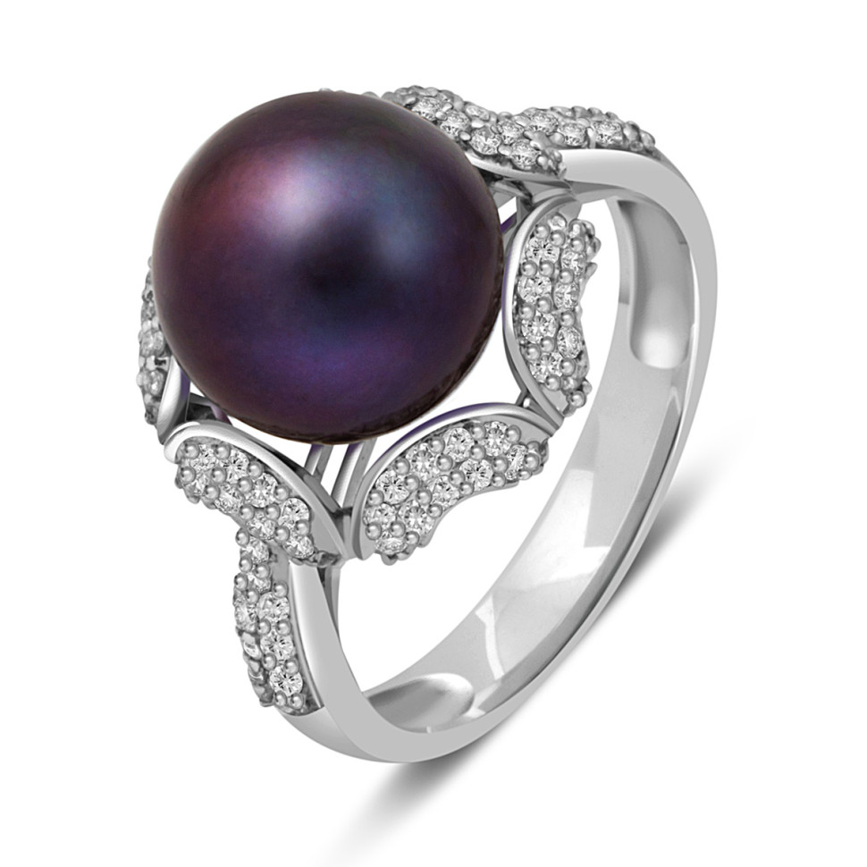 Кольцо из белого золота с бриллиантами и жемчугом (017643)