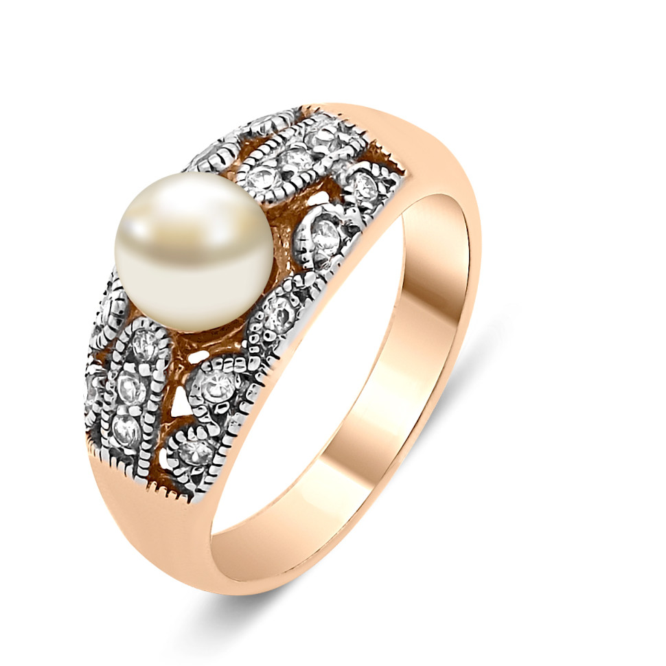 Кольцо из красного золота фианитами и жемчугом (019267)