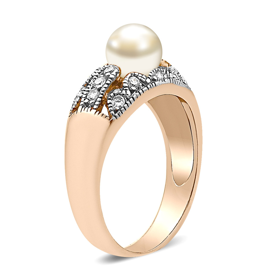 Кольцо из красного золота фианитами и жемчугом (019267)
