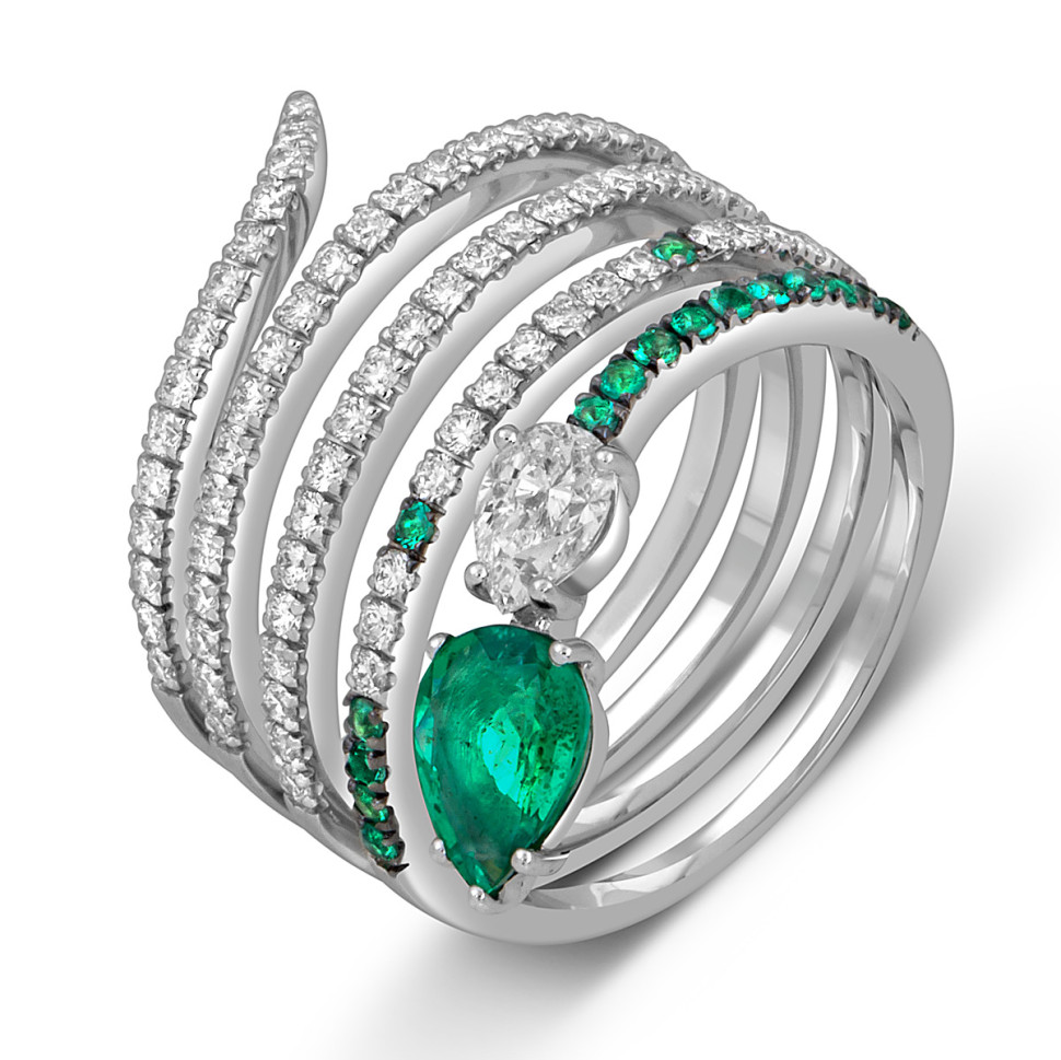 Кольцо из белого золота с бриллиантами и изумрудами 