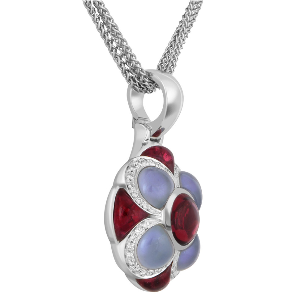 Колье из белого золота с бриллиантами, халцедонами и турмалинами (039228)