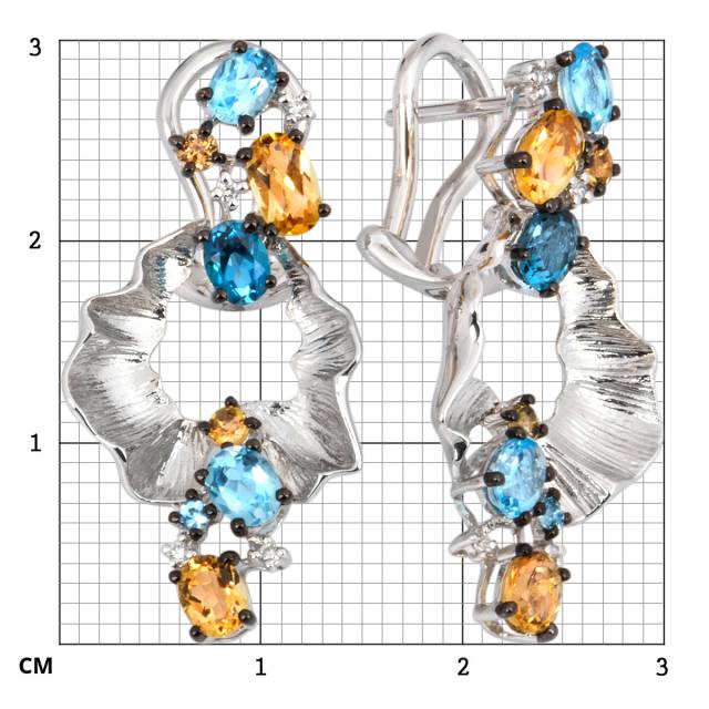 Серьги из белого золота с бриллиантами, топазами и цитринами (011075)