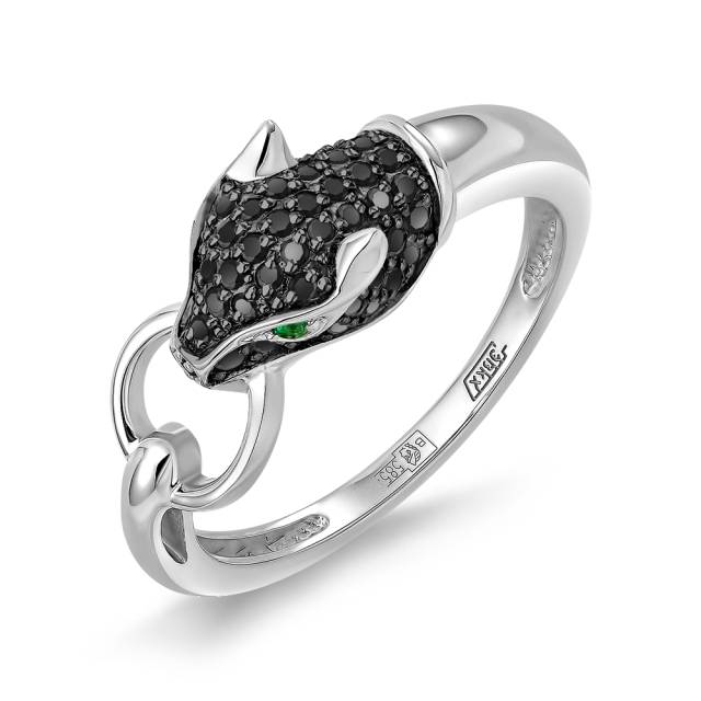 Кольцо из белого золота с чёрными бриллиантами и изумрудами (060935)