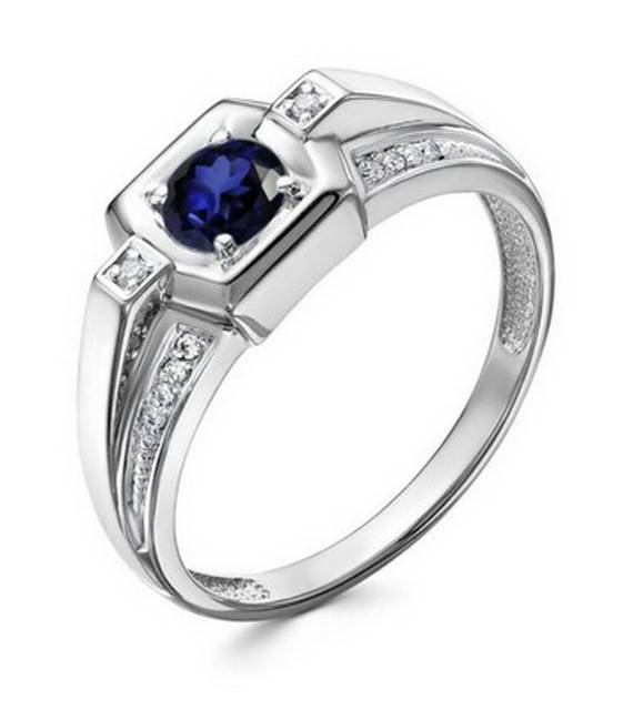 Мужское кольцо из белого золота с бриллиантами и сапфиром (060736)