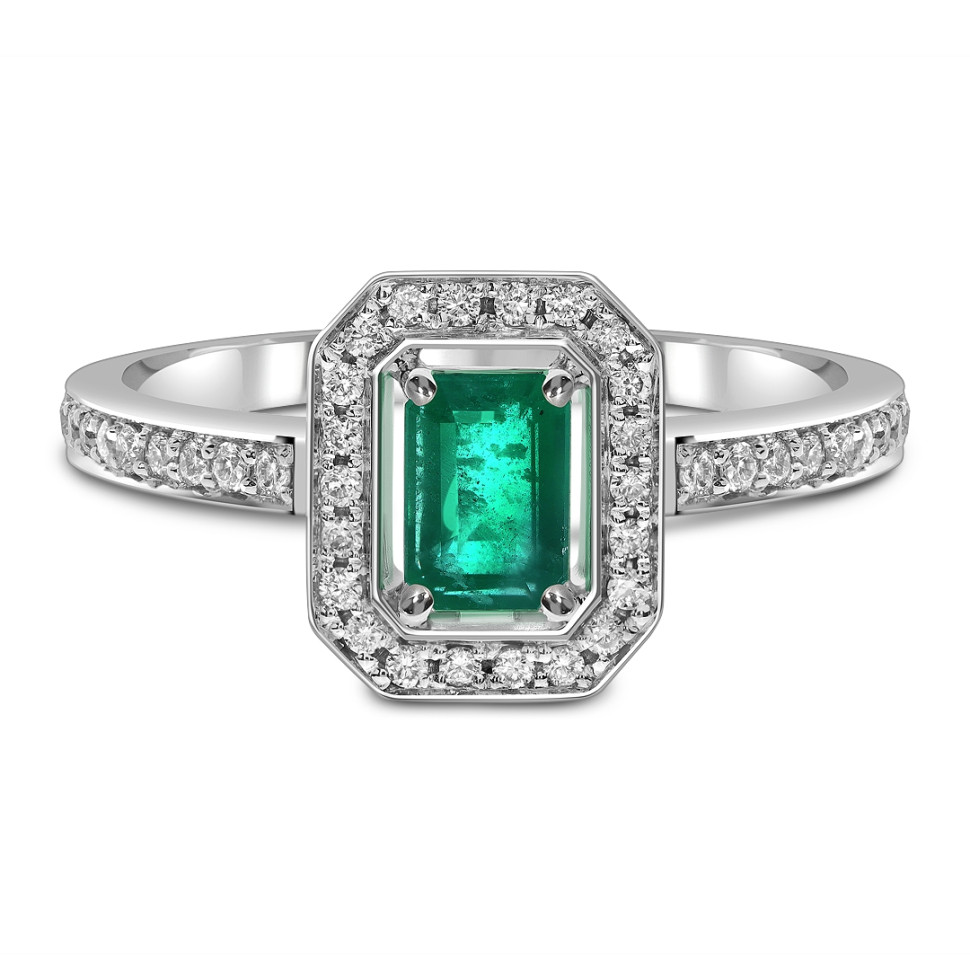 Кольцо из белого золота с бриллиантами и изумрудом (063701)