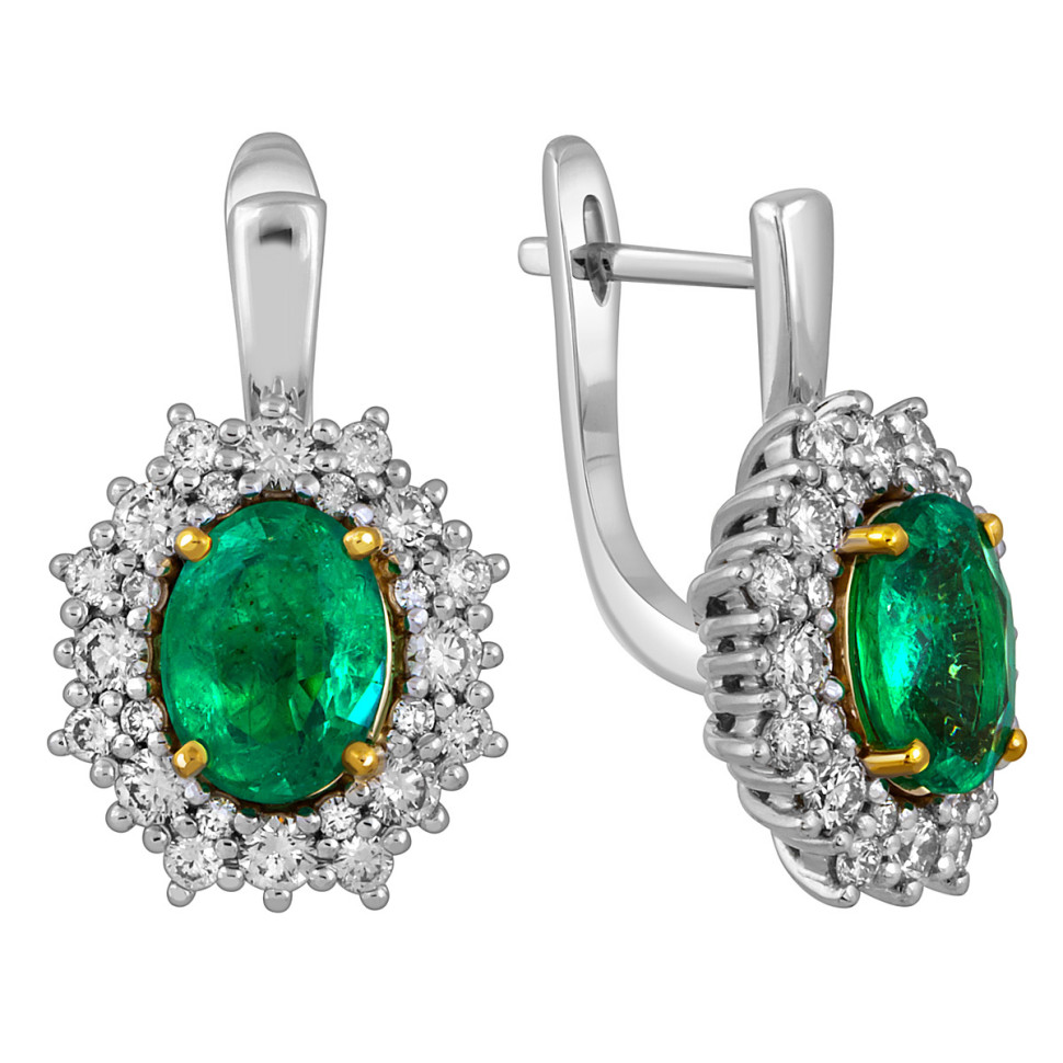 Серьги из белого золота с бриллиантами и изумрудами (052368)