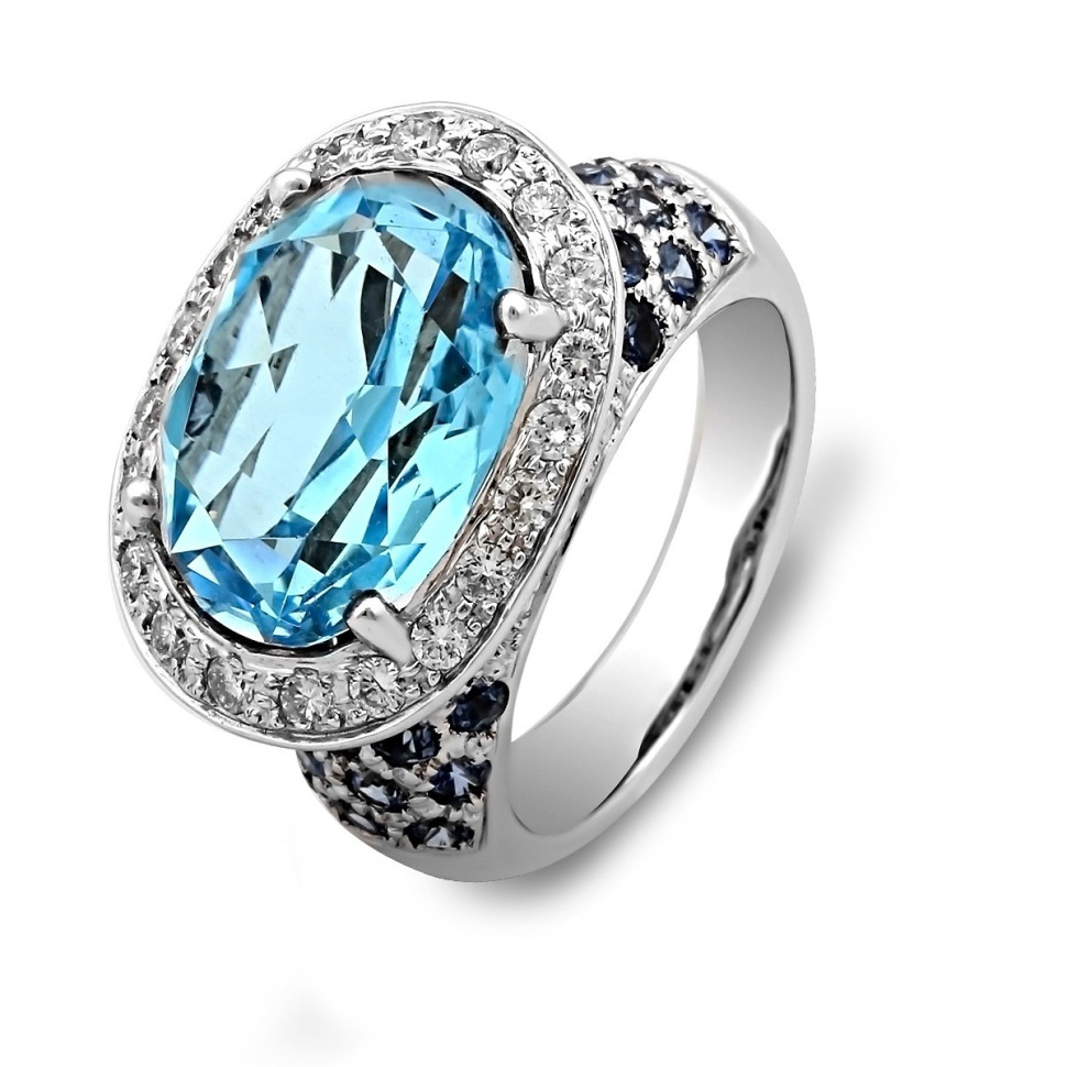 Кольцо из белого золота с бриллиантами, сапфирами и топазом (020679)