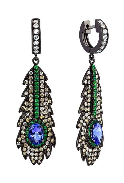 Серьги с бриллиантами, зелёными гранатами и танзанитами из чёрного золота (015280)