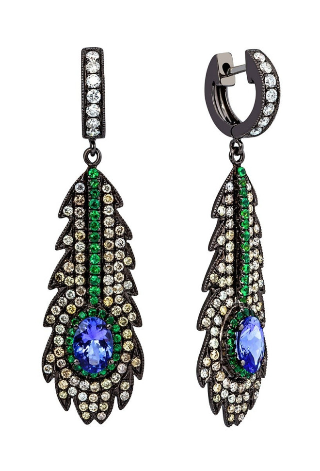 Серьги с бриллиантами, зелёными гранатами и танзанитами из чёрного золота (015280)