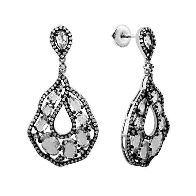 Серьги пусеты из белого золота с бриллиантами,  бесцветными сапфирами и топазами (003979)